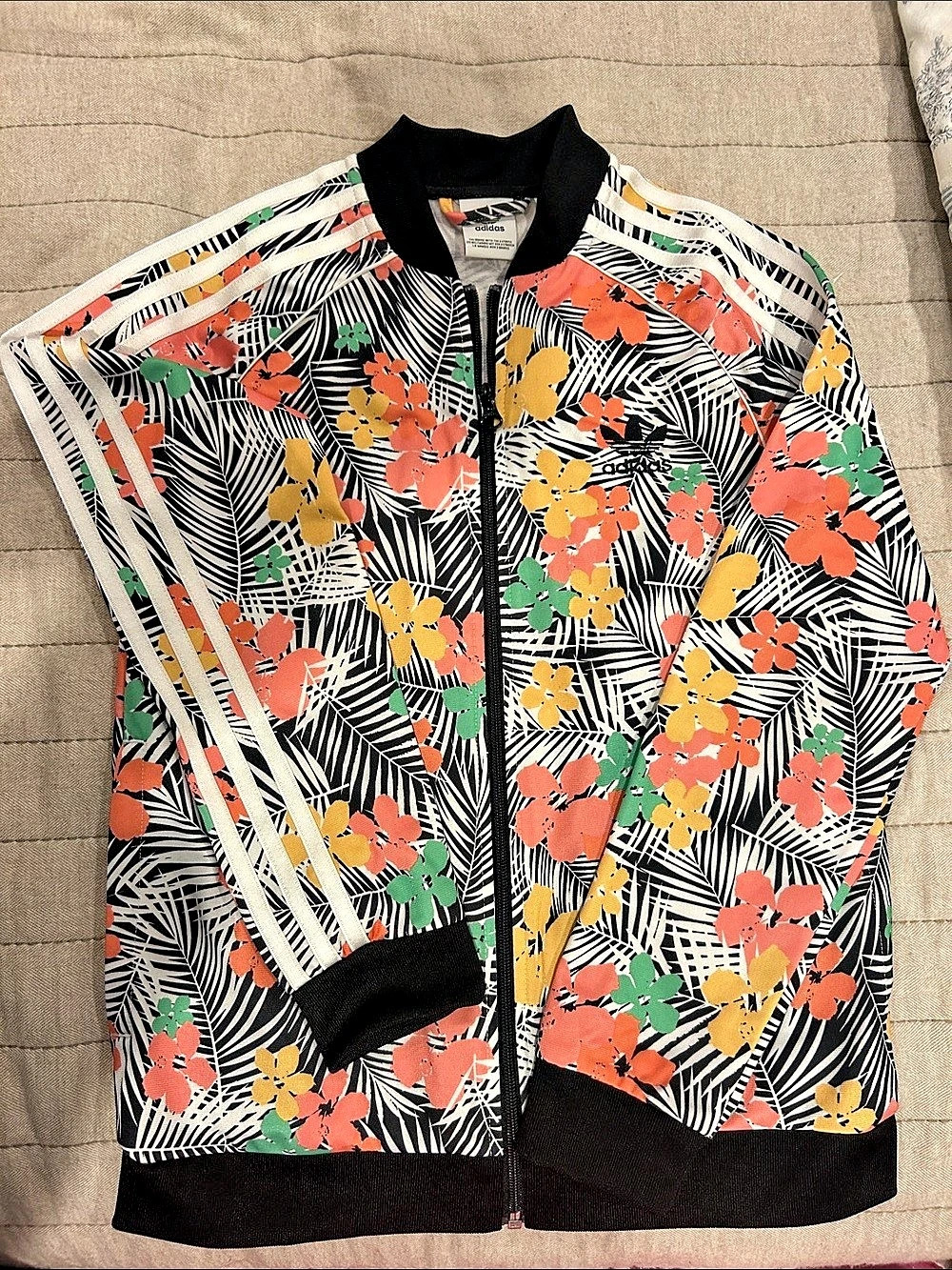 adidas KIDS Floral Bomber Jacket in Black & Multicolor Size Medium